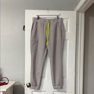 Figs Women's Gray Pants with Neon Yellow Drawstring